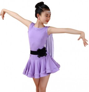 Purple violet royal blue fuchsia hot pink black sleeveless with sashes girls kids children performance competition latin dance dresses